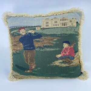 vintage golfing at st. andrews throw pillow with fringe 16" x14" green backing